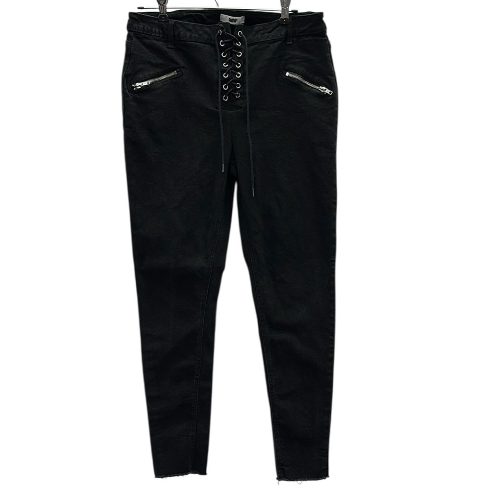 Amp Black Lace Up Fly High Rise Stretch Denim Zip Pocket Raw Hem Jeans Womens L